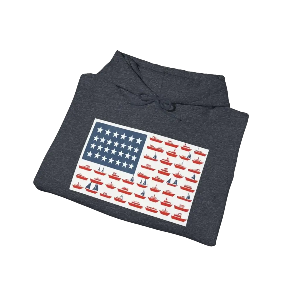 Folded hoodie featuring a boat-themed American flag design for stylish comfort