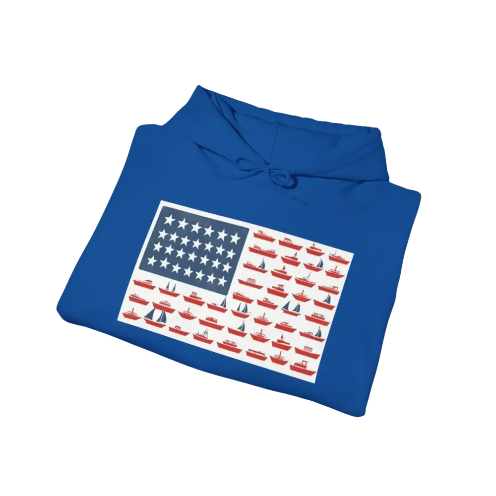 Folded blue hoodie featuring a boat-themed American flag design for American Ship Flag