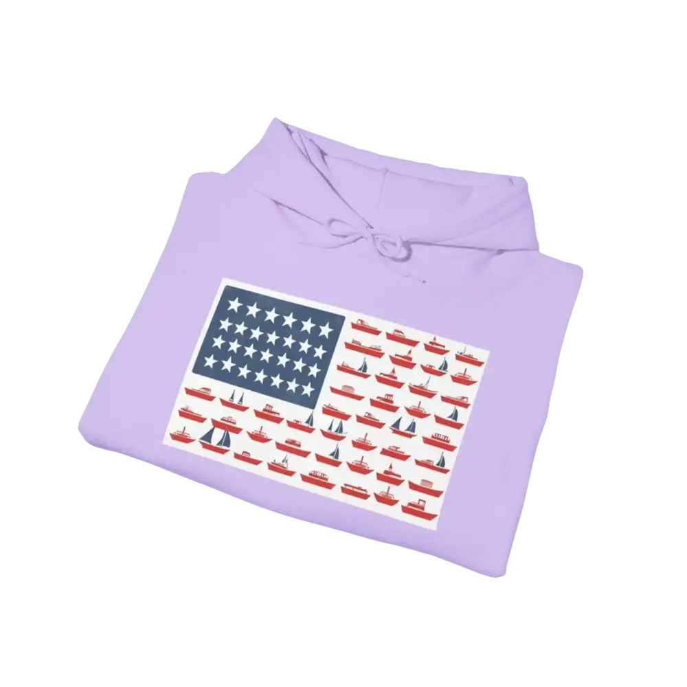 Folded lavender hoodie featuring boat-themed American flag design, ideal for casual wear