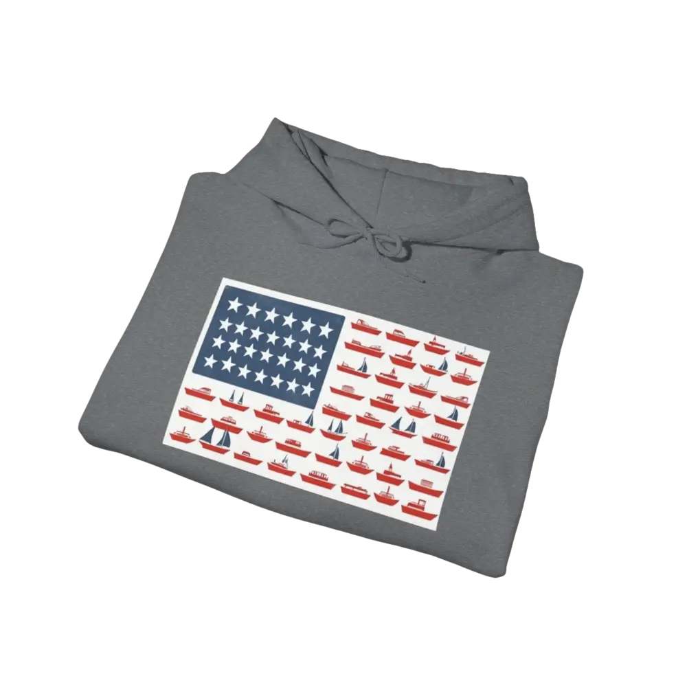 Gray hoodie featuring a boat-themed American flag design for the American Ship Flag Hooded Sweatshirt