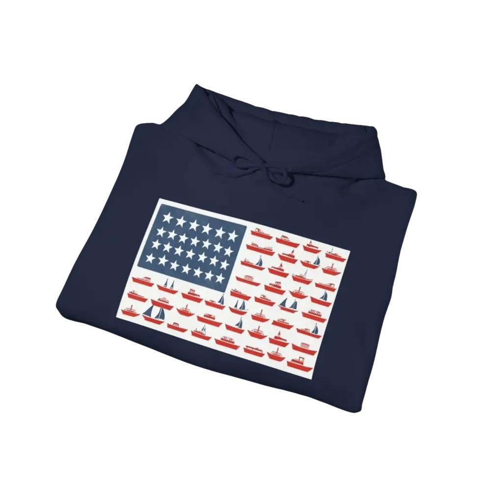 Navy blue hoodie featuring boat-themed American flag design for American Ship Flag Sweatshirt