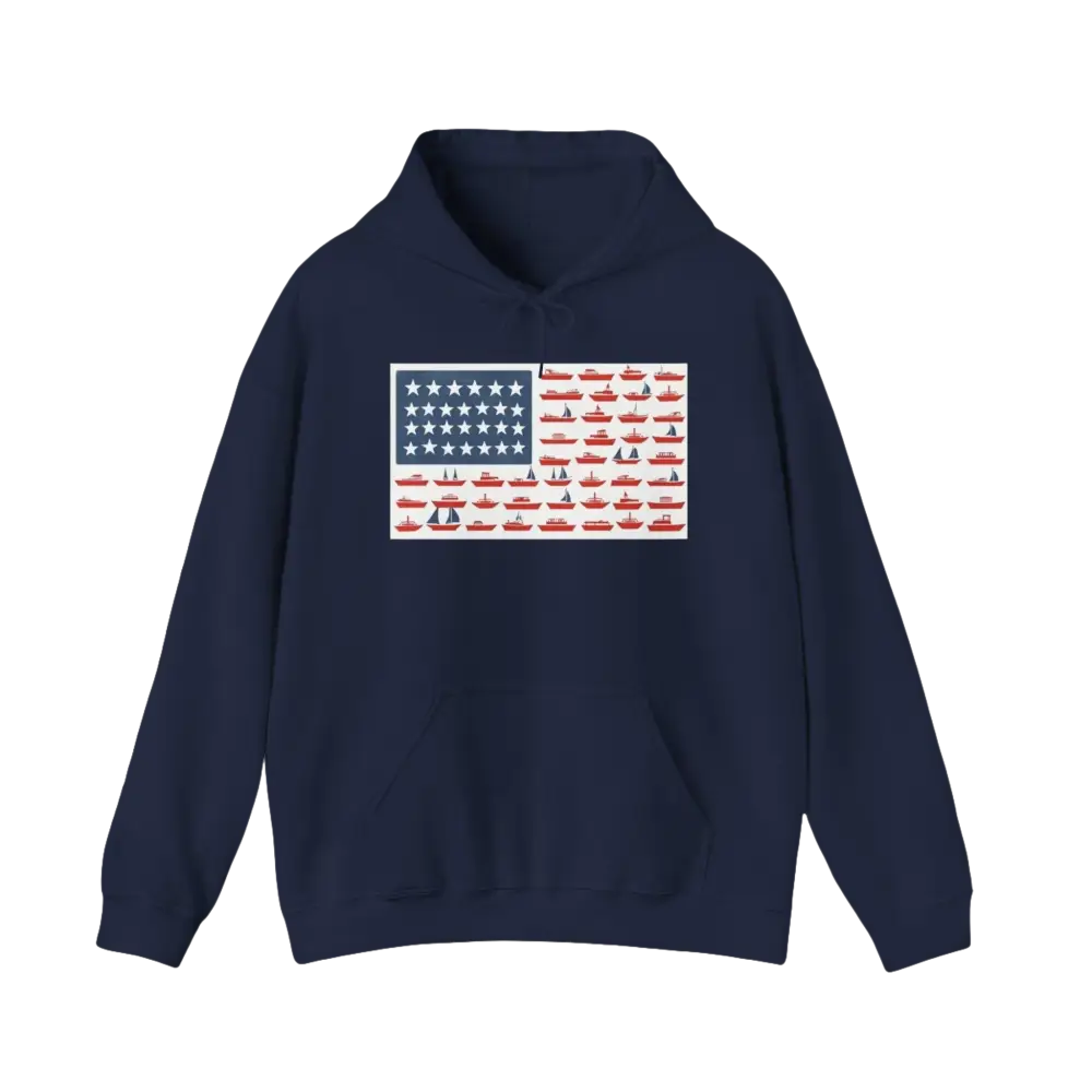 Navy blue hoodie featuring American flag design, ideal for patriotic casual wear