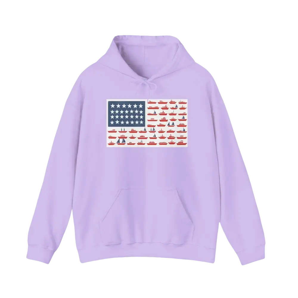 Lilac hoodie featuring a boat-themed American flag design for stylish casual wear