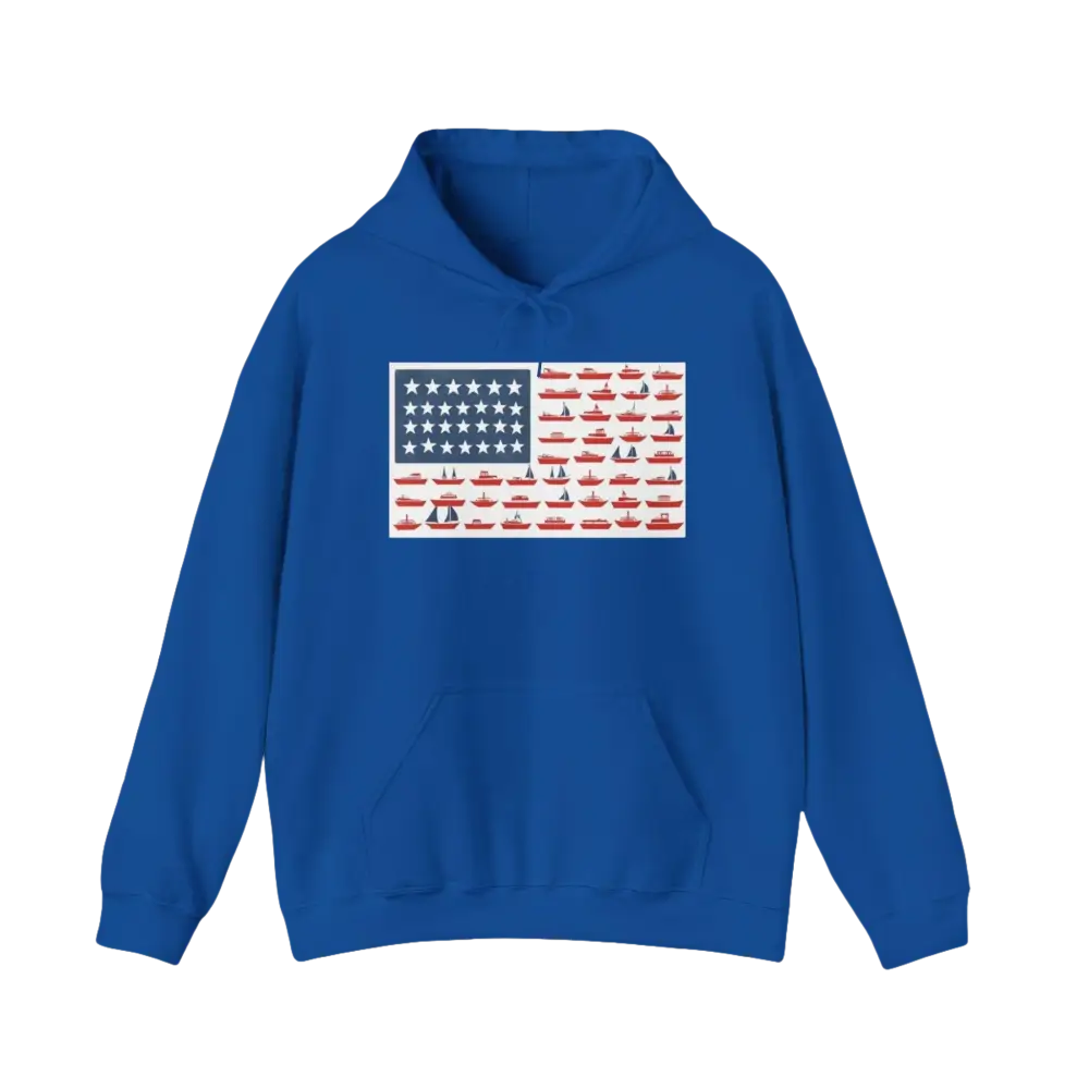 Blue hoodie featuring an American flag design, ideal for patriotic occasions