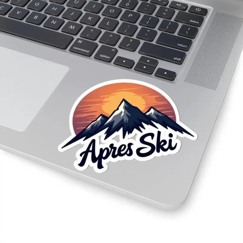 Mountain-themed vinyl decal for Apres Ski, size 6 by 6 inches, in white design