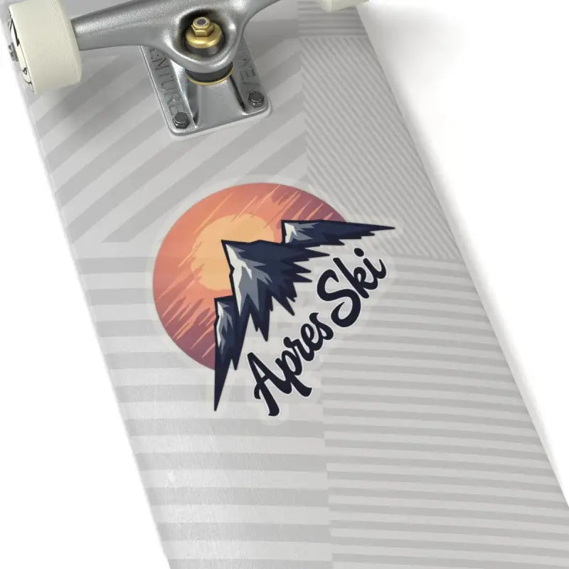 Skateboard featuring Apres Ski Mountain sticker custom vinyl decal in white