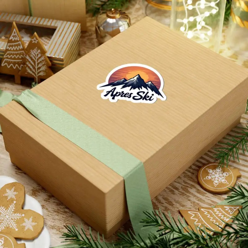 Wrapped gift box featuring Apres Ski Mountain Sticker Custom Vinyl Decal