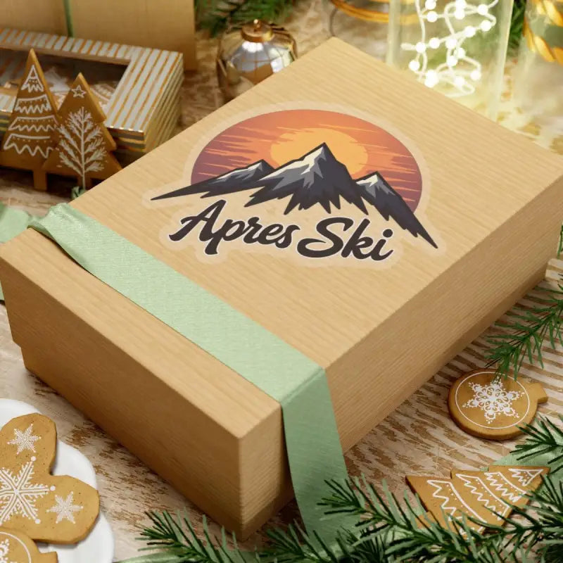 Wrapped gift box featuring Apres Ski Mountain Sticker Custom Vinyl Decal White 6x6 Inches