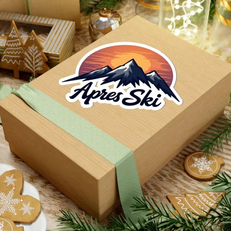 Gift box adorned with Apres Ski sticker on Apres Ski Mountain Vinyl Decal