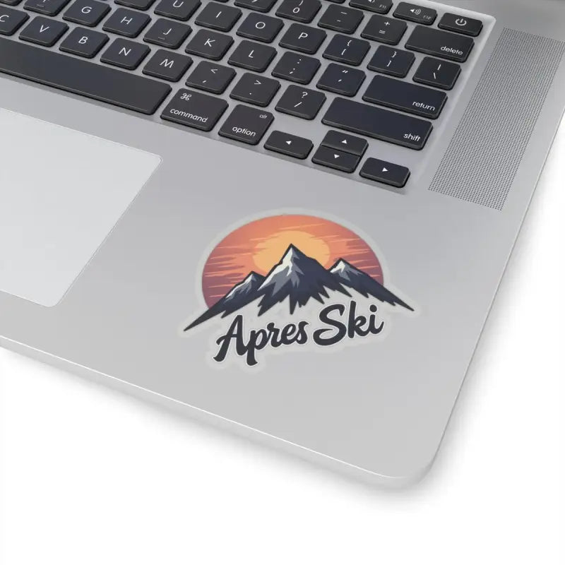 Laptop adorned with an Apres Ski sticker, showcasing a custom vinyl decal design