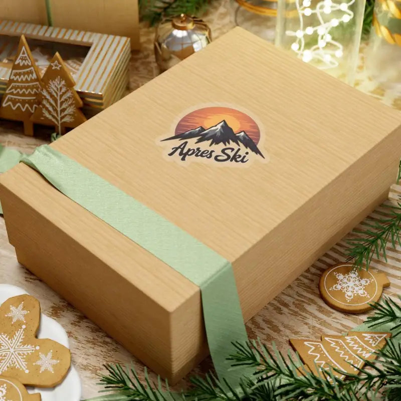 Tan gift box with green ribbon for Apres Ski Mountain Sticker Custom Vinyl Decal