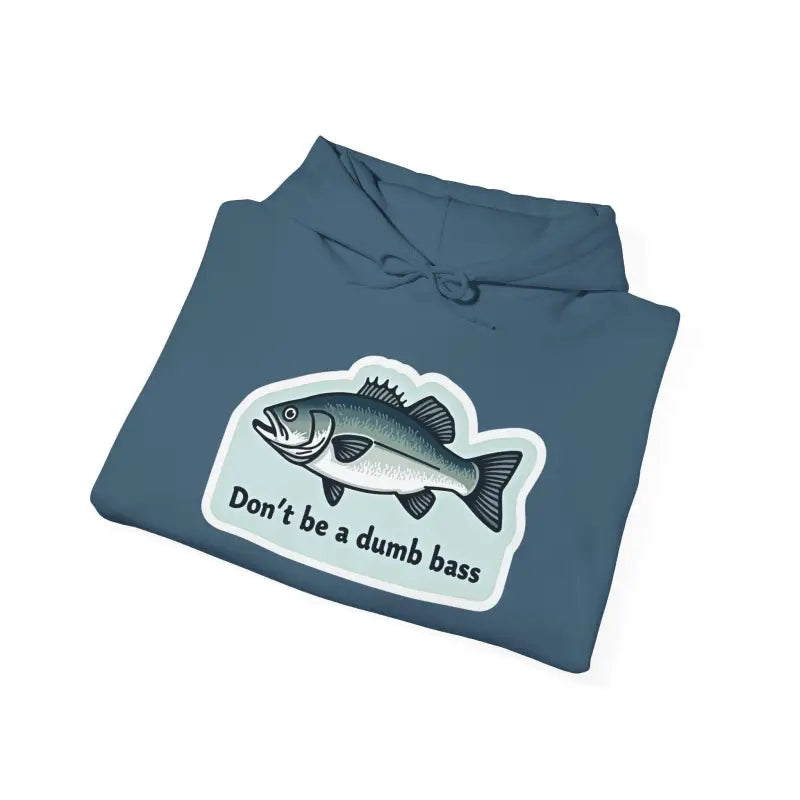 Folded blue hoodie featuring a vibrant fish graphic for bass fishing enthusiasts