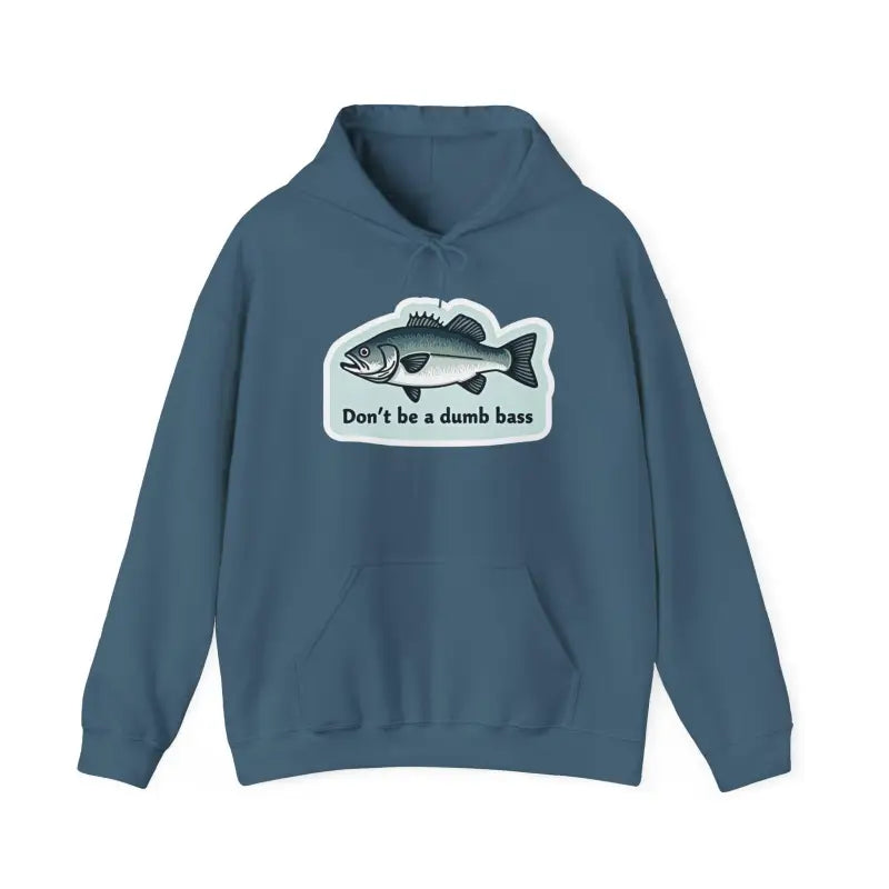 Blue hoodie featuring a fish graphic ideal for bass fishing enthusiasts