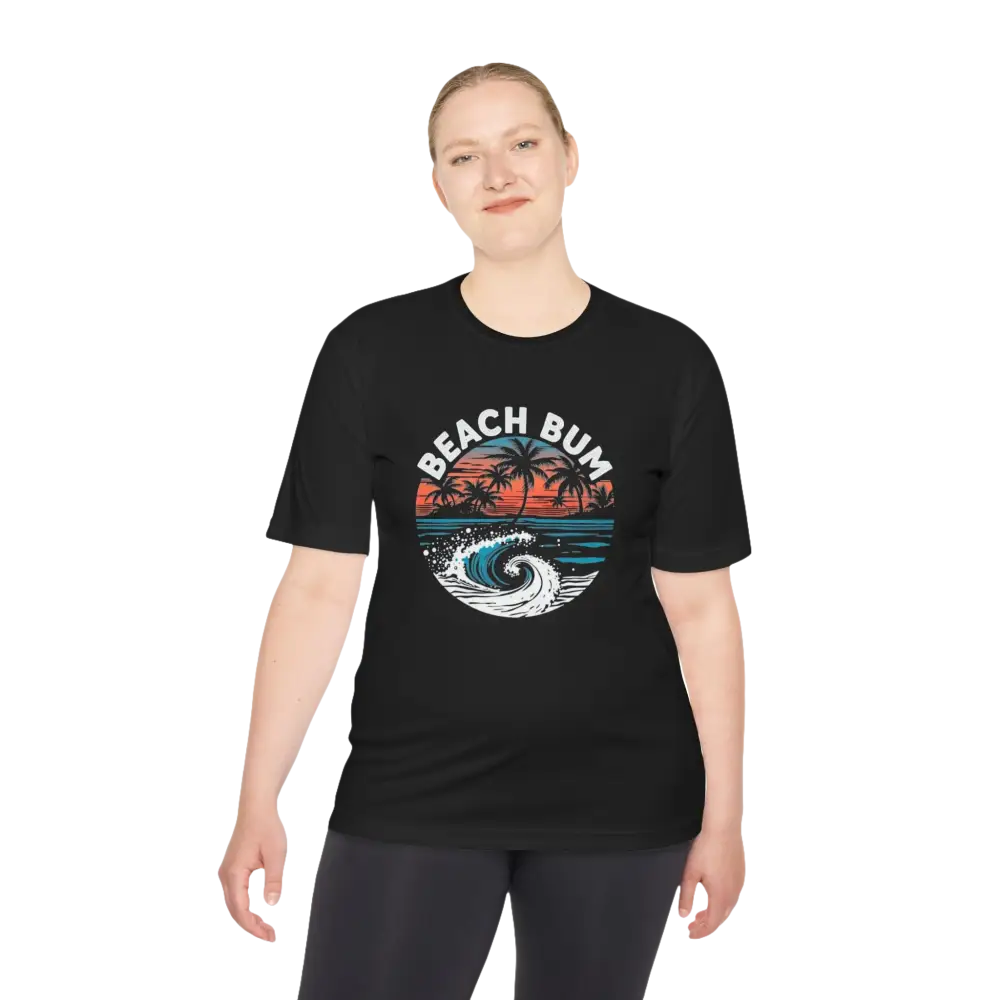 Black Beach Bum Unisex Moisture Wicking Tee featuring a vibrant beach scene graphic