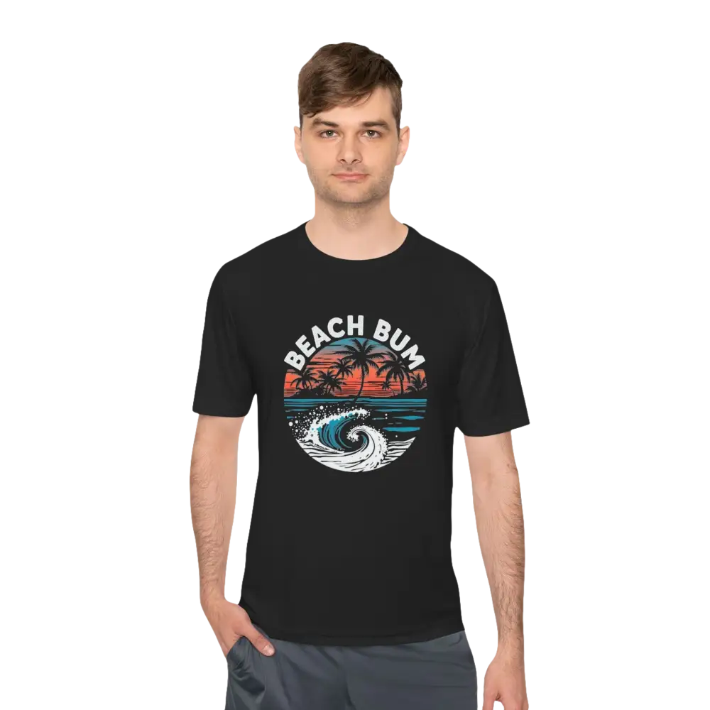 Black Beach Bum Unisex Moisture Wicking Tee featuring a vibrant beach bum graphic