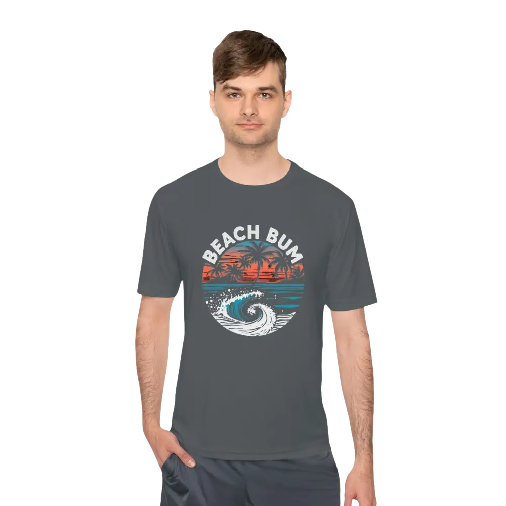 Gray Beach Bum Unisex Moisture Wicking Tee featuring a fun beach bum design