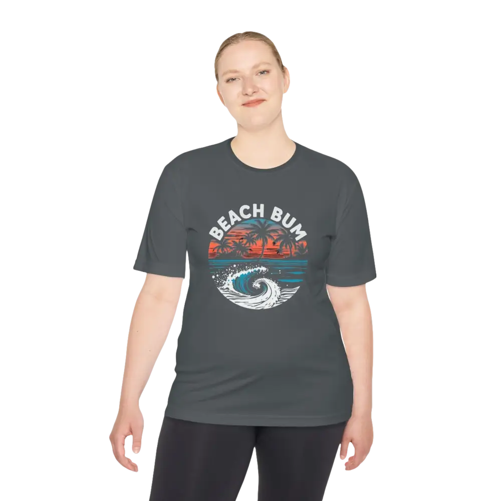Gray Beach Bum Unisex Moisture Wicking Tee featuring a stylish beach bum graphic