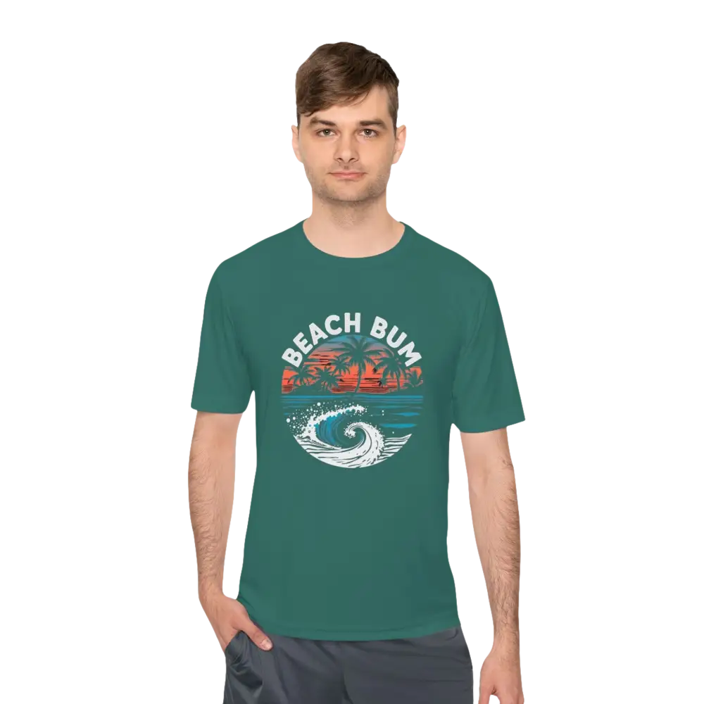 Green Beach Bum Unisex Moisture Wicking Tee featuring a vibrant beach bum design