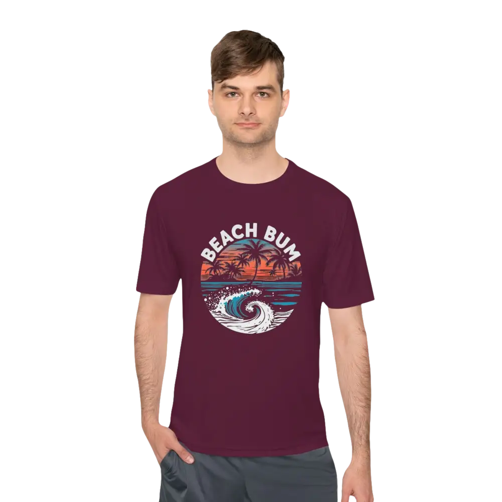 Maroon Beach Bum Unisex Moisture Wicking Tee featuring a vibrant beach scene design