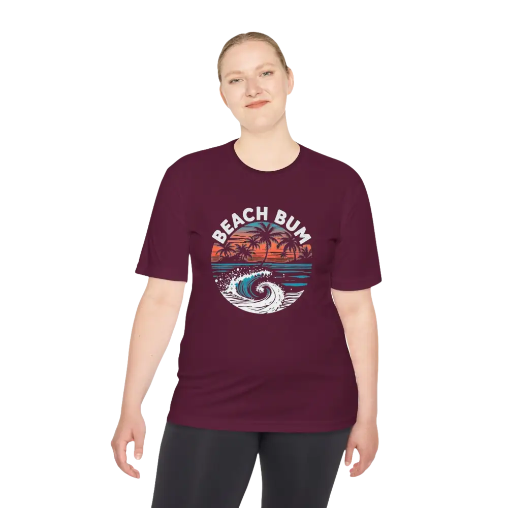 Maroon Beach Bum Unisex Moisture Wicking Tee featuring vibrant beach graphic design
