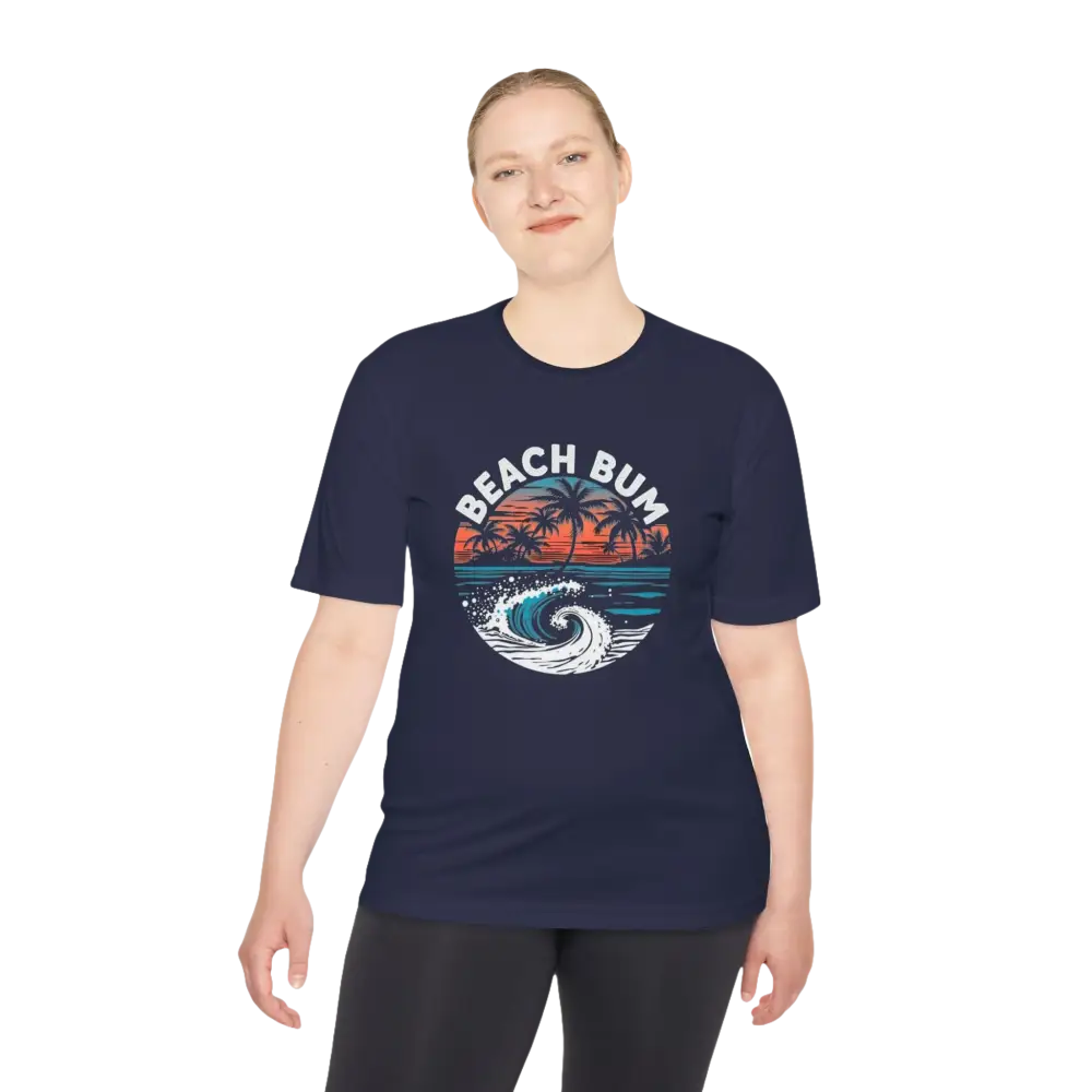 Navy t-shirt featuring a beach scene from the Beach Bum Unisex Moisture Wicking Tee