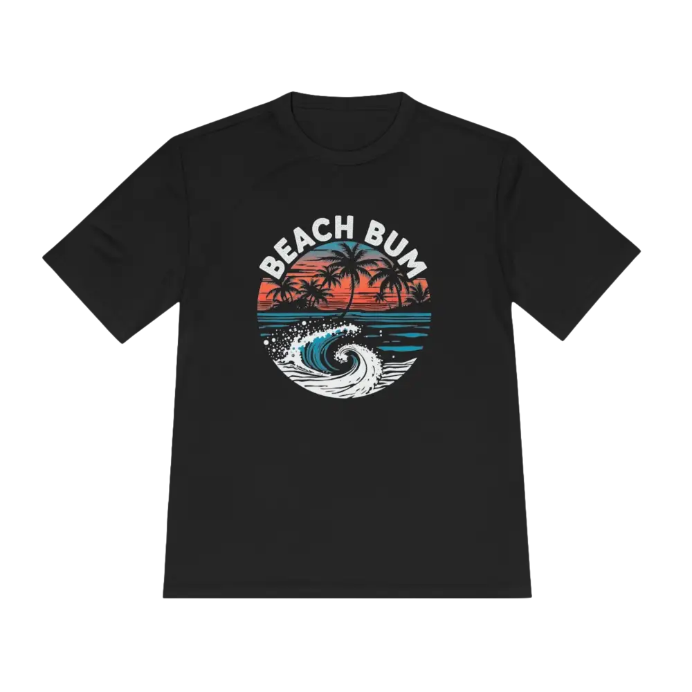 Black Beach Bum Unisex Moisture Wicking Tee featuring a vibrant beach graphic