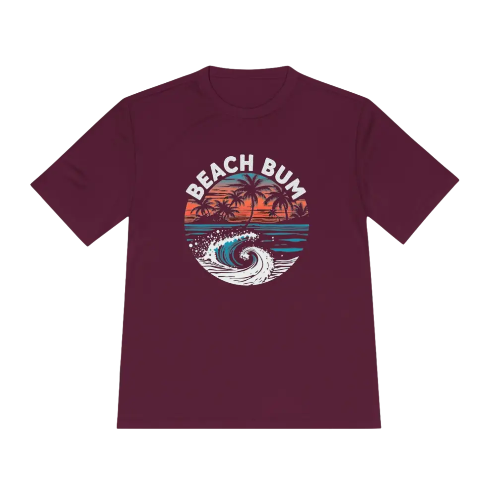 Maroon Beach Bum Unisex Moisture Wicking Tee featuring a beach bum graphic