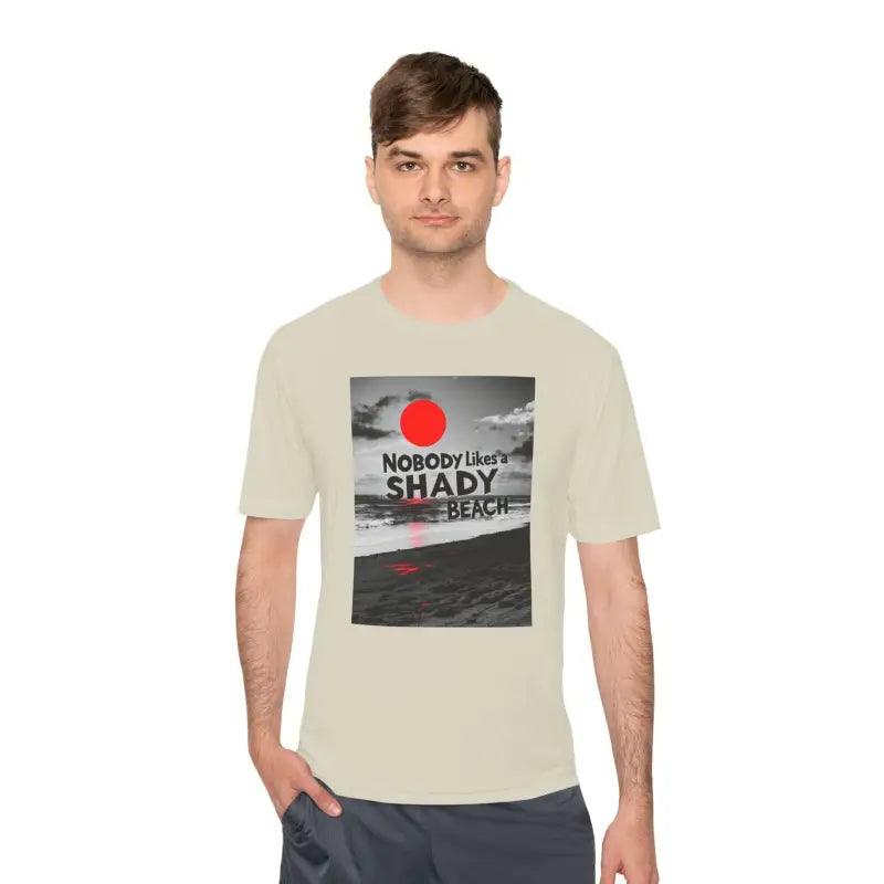 Beige Beach Graphic Moisture Wicking T-Shirt highlighting a vibrant beach design