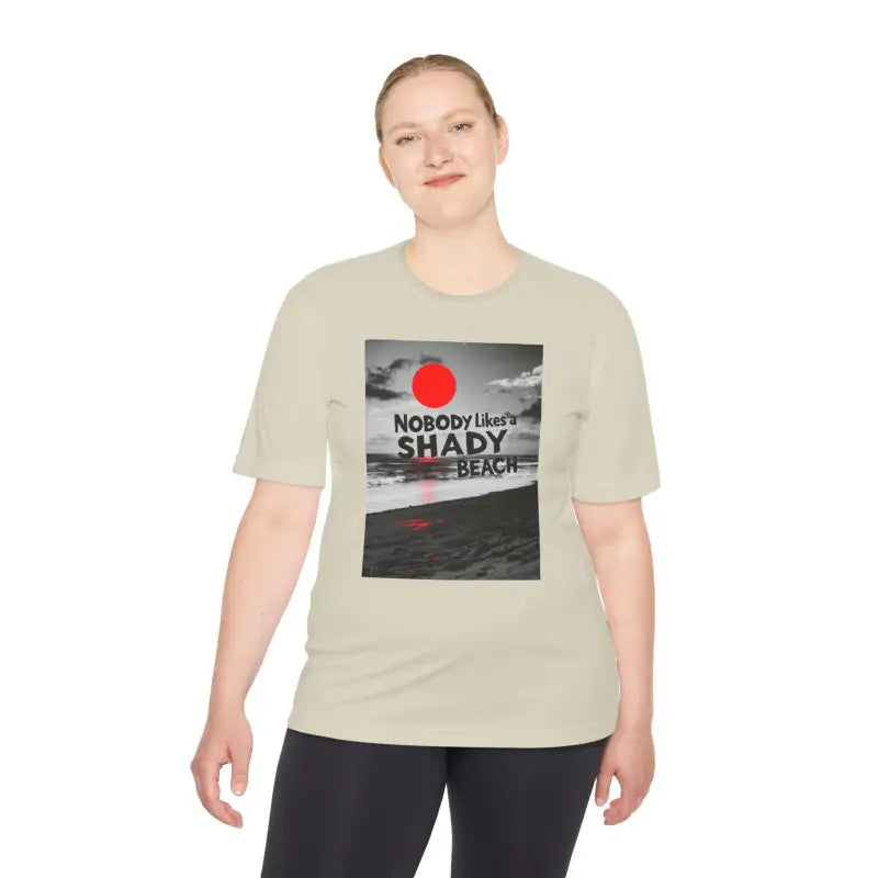 Beige Beach Graphic Moisture Wicking T-Shirt for stylish summer wear