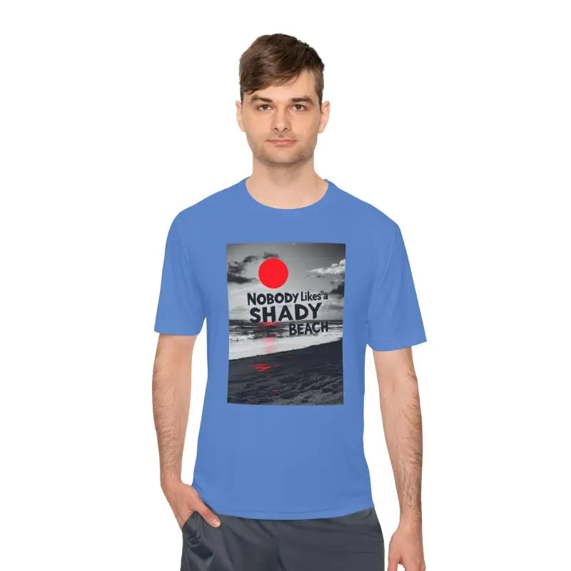 Blue Beach Graphic Moisture Wicking T Shirt featuring a vibrant beach design