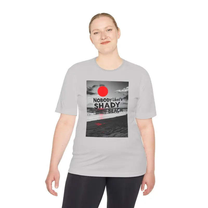 Gray Beach Graphic Moisture Wicking T-Shirt featuring vibrant seaside design