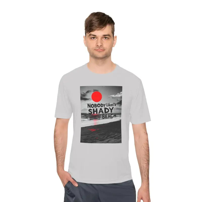 Gray t-shirt featuring beach graphic from Beach Graphic Moisture Wicking T Shirt collection