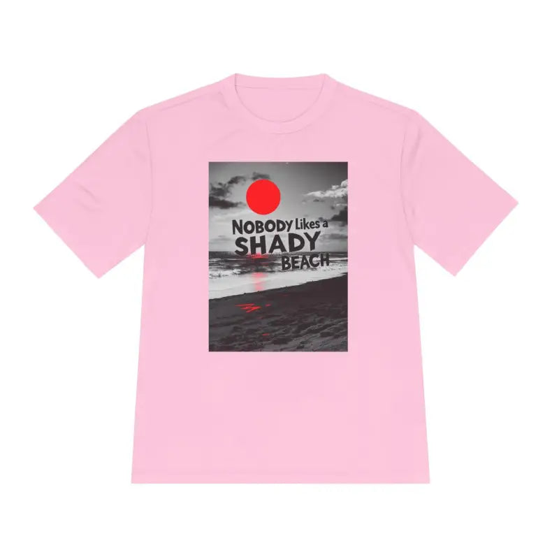 Pink Beach Graphic Moisture Wicking T-Shirt featuring vibrant beach-themed design