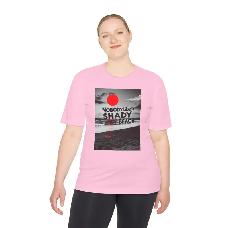 Pink Beach Graphic Moisture Wicking T Shirt ideal for summer outings and casual wear