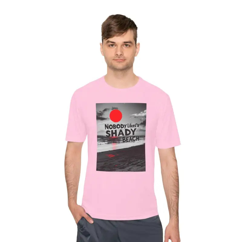 Pink Beach Graphic Moisture Wicking T Shirt featuring a vibrant beach design