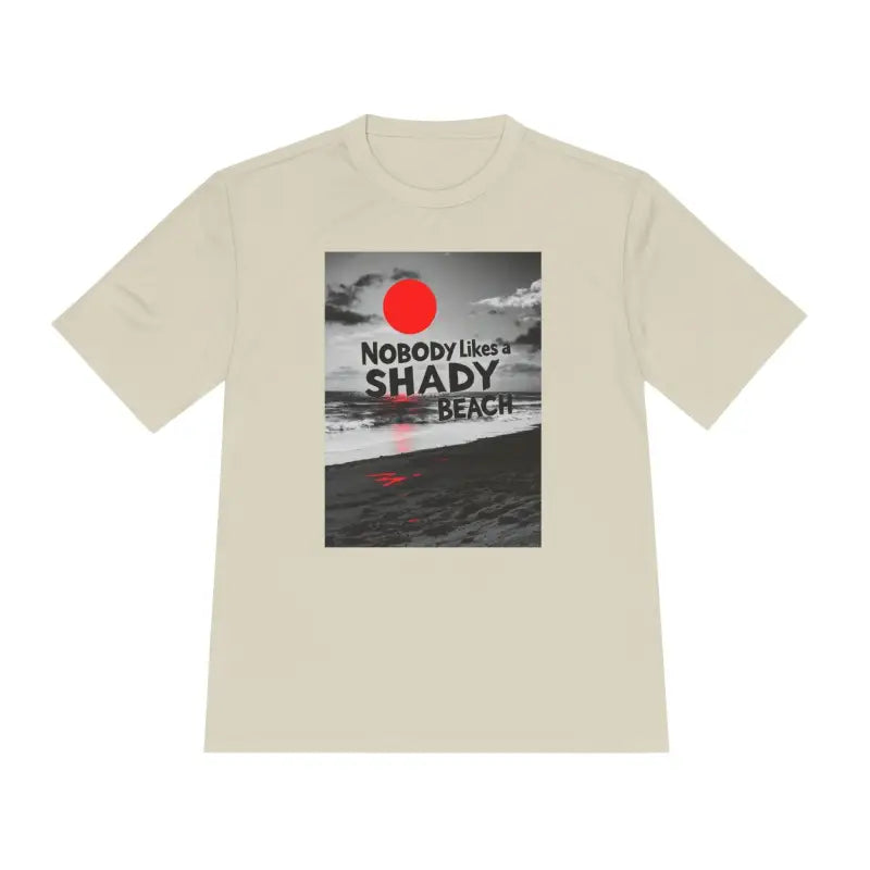 Beige Beach Graphic Moisture Wicking T-Shirt showcasing a vibrant beach design