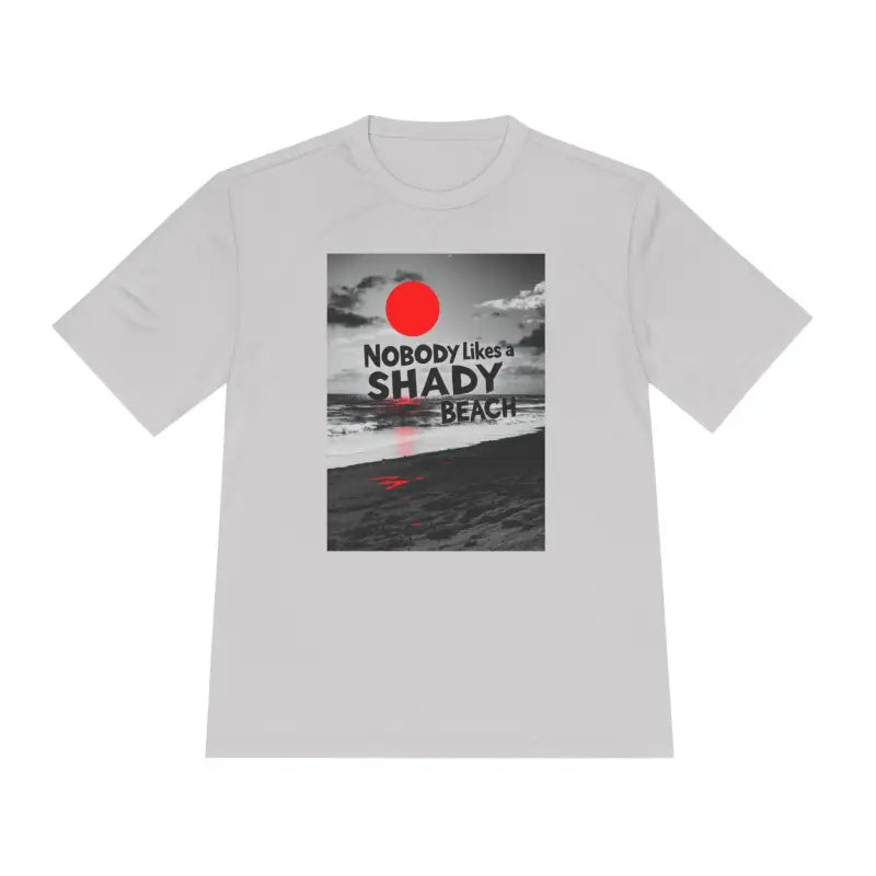 Gray t-shirt featuring a beach graphic for ultimate moisture-wicking comfort