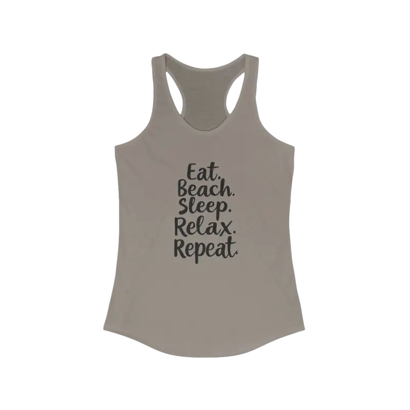 Gray Racerback Tank Top from Beach Vibes collection featuring Eat Beach Sleep Relax Repeat design