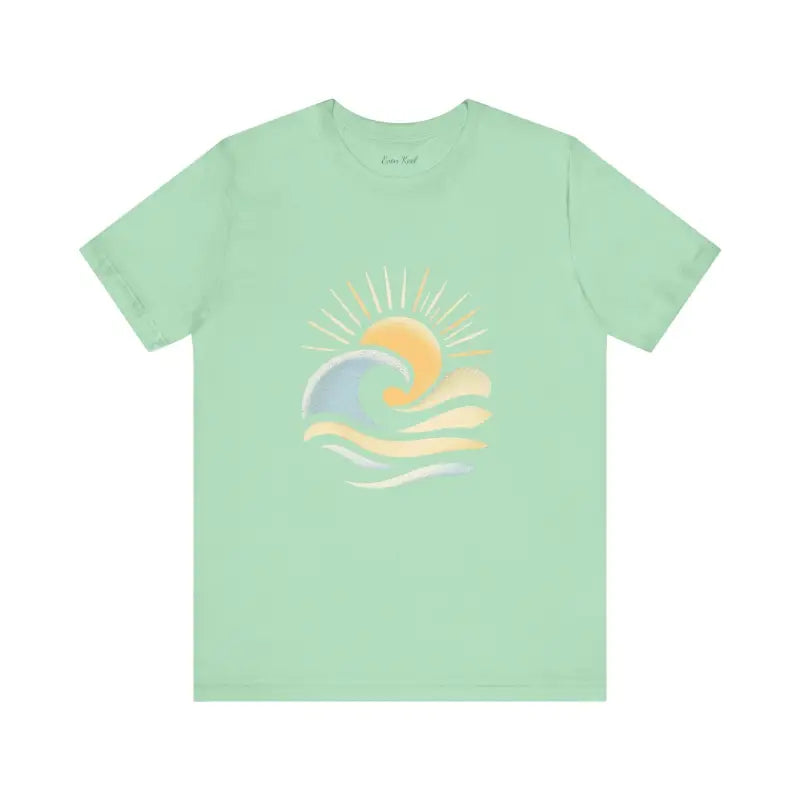 Mint green Beach Vibes Unisex Short Sleeve Tee featuring sun and wave design