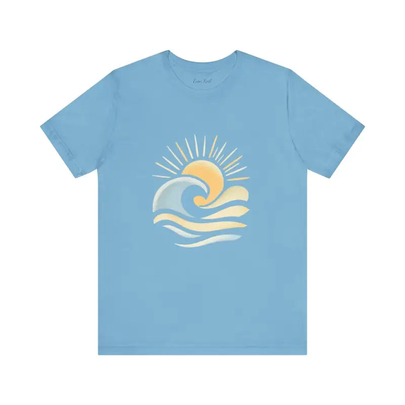 Light blue Beach Vibes Unisex Short Sleeve Tee featuring sun and wave design