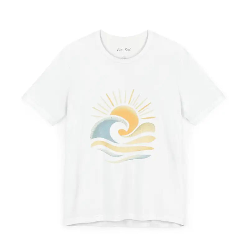 White Beach Vibes Unisex Short Sleeve Tee featuring sun and wave design