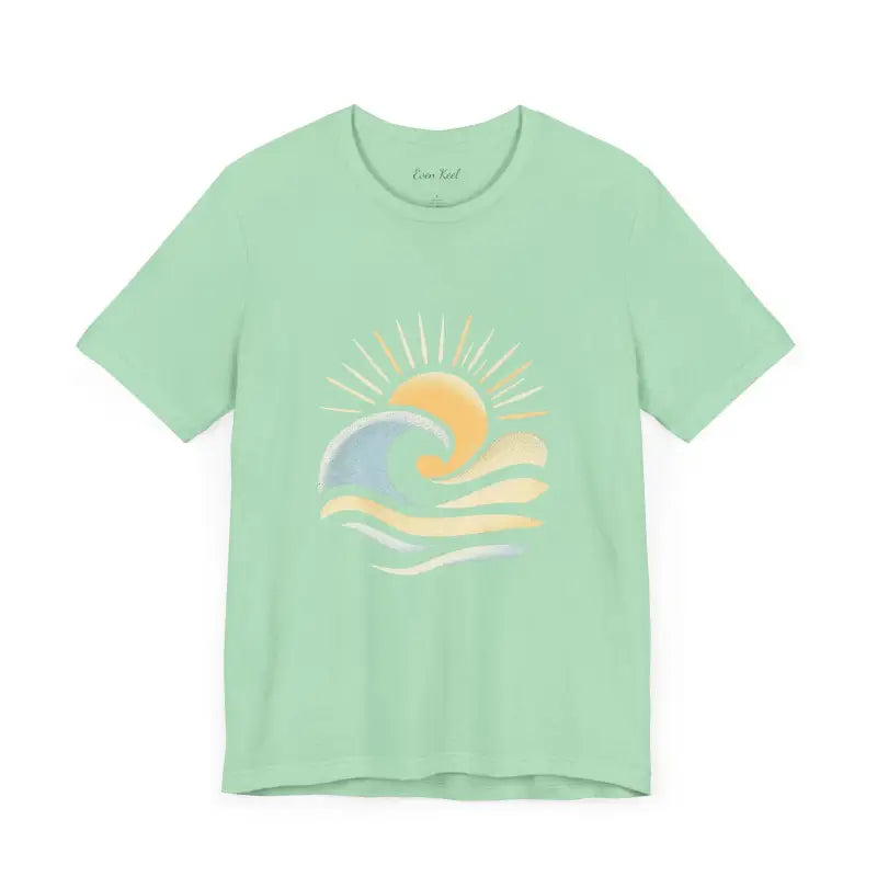 Mint green Beach Vibes Unisex Short Sleeve Tee featuring sun and wave design