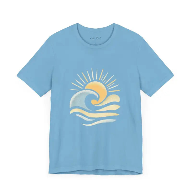 Light blue Beach Vibes Unisex Short Sleeve Tee featuring sun and wave design