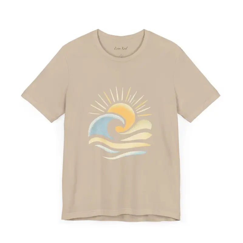 Beige Beach Vibes Unisex Short Sleeve Tee featuring sun and wave graphic design