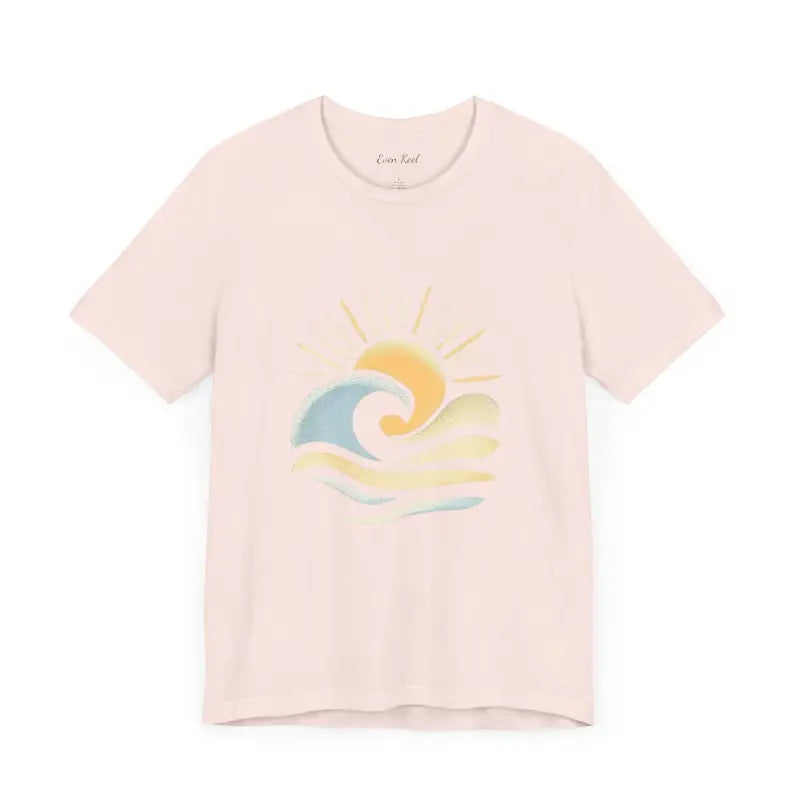 Pink Beach Vibes Unisex Short Sleeve Tee featuring a sun and wave graphic design