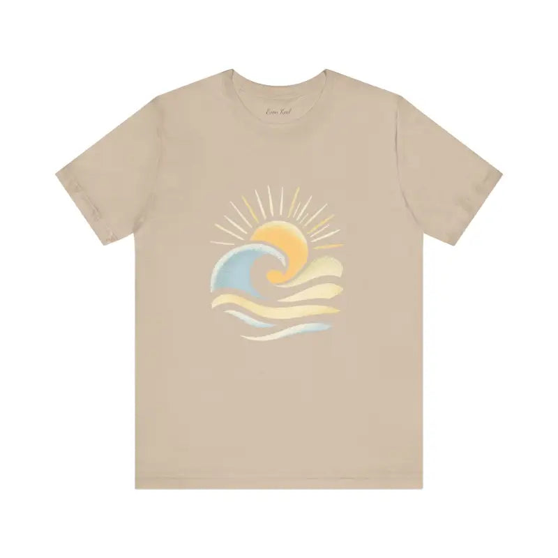 Beige Beach Vibes Unisex Short Sleeve Tee featuring sun and wave design