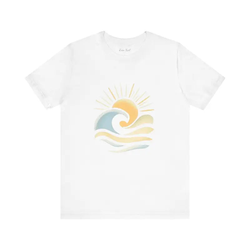 White Beach Vibes Unisex Short Sleeve Tee featuring a sun and wave design