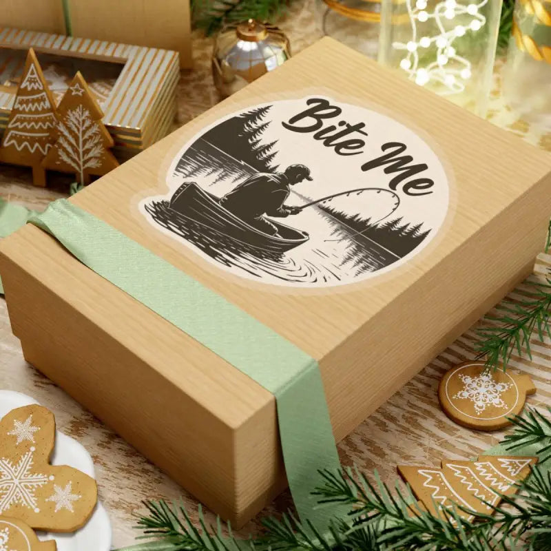 Gift box featuring Bite Me Fishing In Canoe Sticker with fishing-themed design