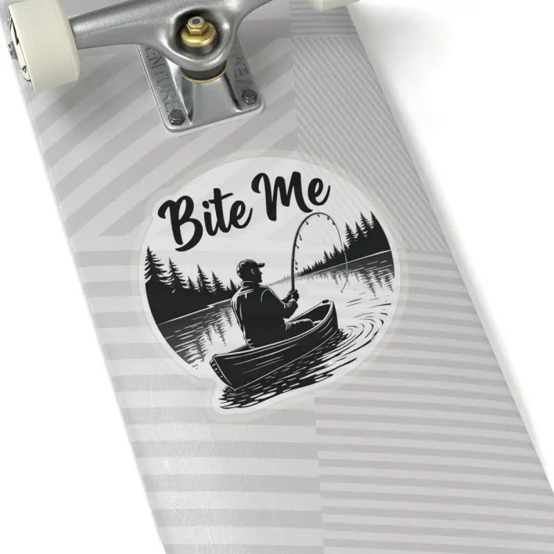 Bite Me Fishing In Canoe Sticker featuring a fishing-themed design for enthusiasts