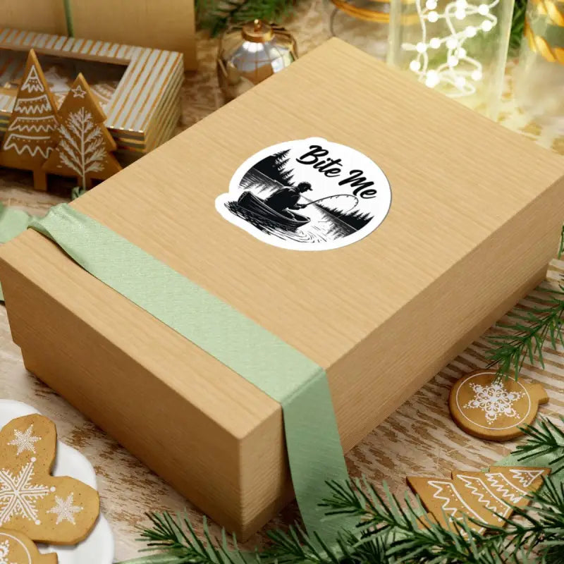 Gift box featuring a Bite Me Fishing In Canoe Sticker for fishing enthusiasts